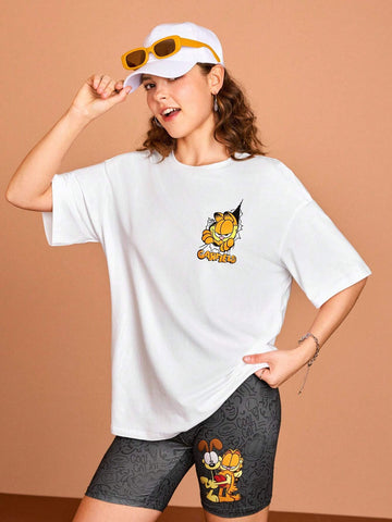 Women Casual Cartoon And Letter Printed Graphic Oversized White Summer T-Shirt With Drop