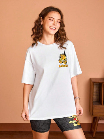 Women Casual Cartoon And Letter Printed Graphic Oversized White Summer T-Shirt With Drop