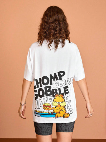Women Casual Cartoon And Letter Printed Graphic Oversized White Summer T-Shirt With Drop