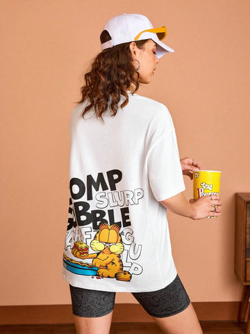 Women Casual Cartoon And Letter Printed Oversized T-Shirt With Drop Shoulder For Summer
