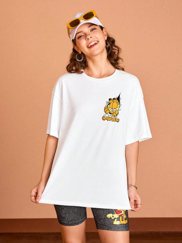 Women Casual Cartoon And Letter Printed Oversized T-Shirt With Drop Shoulder For Summer