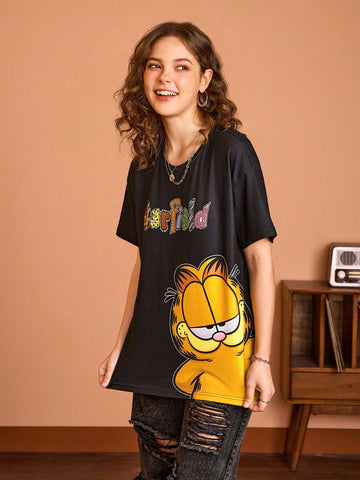 Women's Casual Cartoon And Letter Printed Oversized T-Shirt With Drop Shoulders, Summer