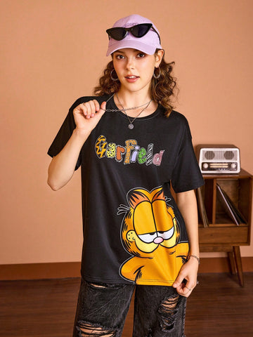 Women's Casual Cartoon And Letter Printed Oversized T-Shirt With Drop Shoulders, Summer