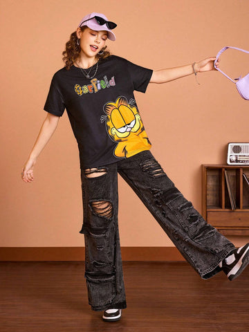 Women's Casual Cartoon And Letter Printed Oversized T-Shirt With Drop Shoulders, Summer