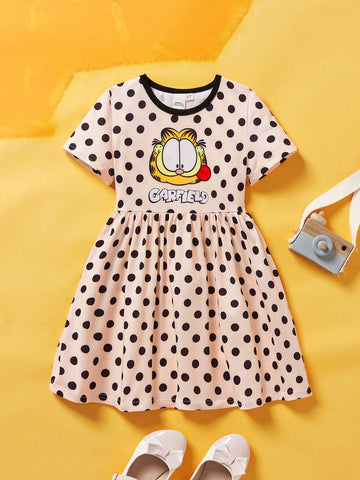 Young Girl Casual And Cute Cartoon And Polka Dot Printed A-Line Dress For Summer