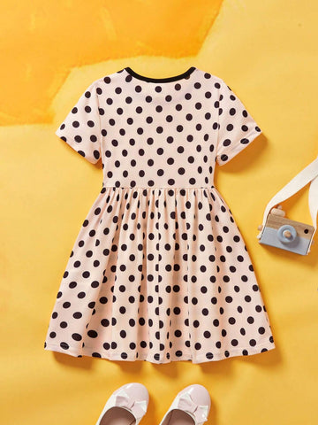Young Girl Casual And Cute Cartoon And Polka Dot Printed A-Line Dress For Summer