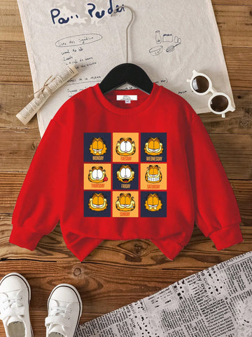 Young Girl Casual Cartoon Cat Print Red Sweatshirt For Autumn