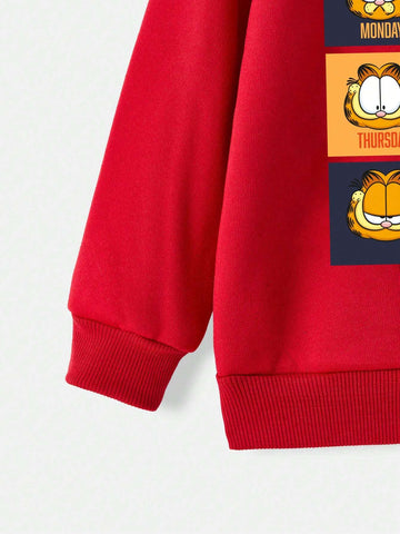 Young Girl Casual Cartoon Cat Print Red Sweatshirt For Autumn