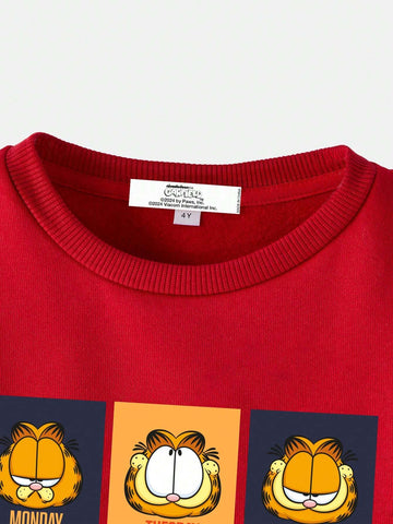 Young Girl Casual Cartoon Cat Print Red Sweatshirt For Autumn