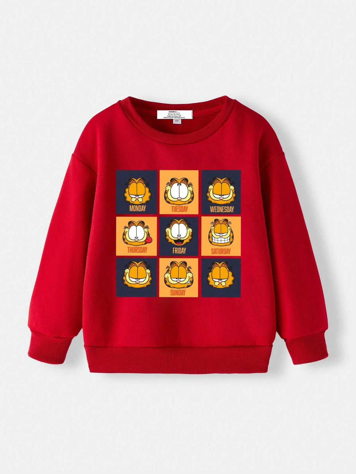 Young Girl Casual Cartoon Cat Print Red Sweatshirt For Autumn
