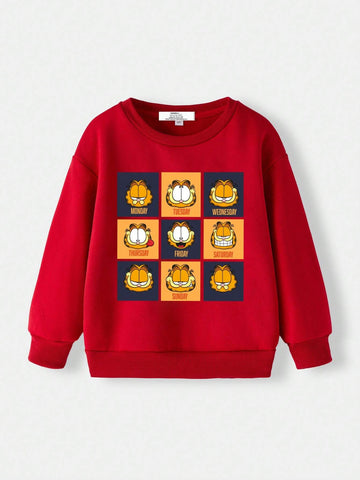 Young Girl Casual Cartoon Cat Print Red Sweatshirt For Autumn