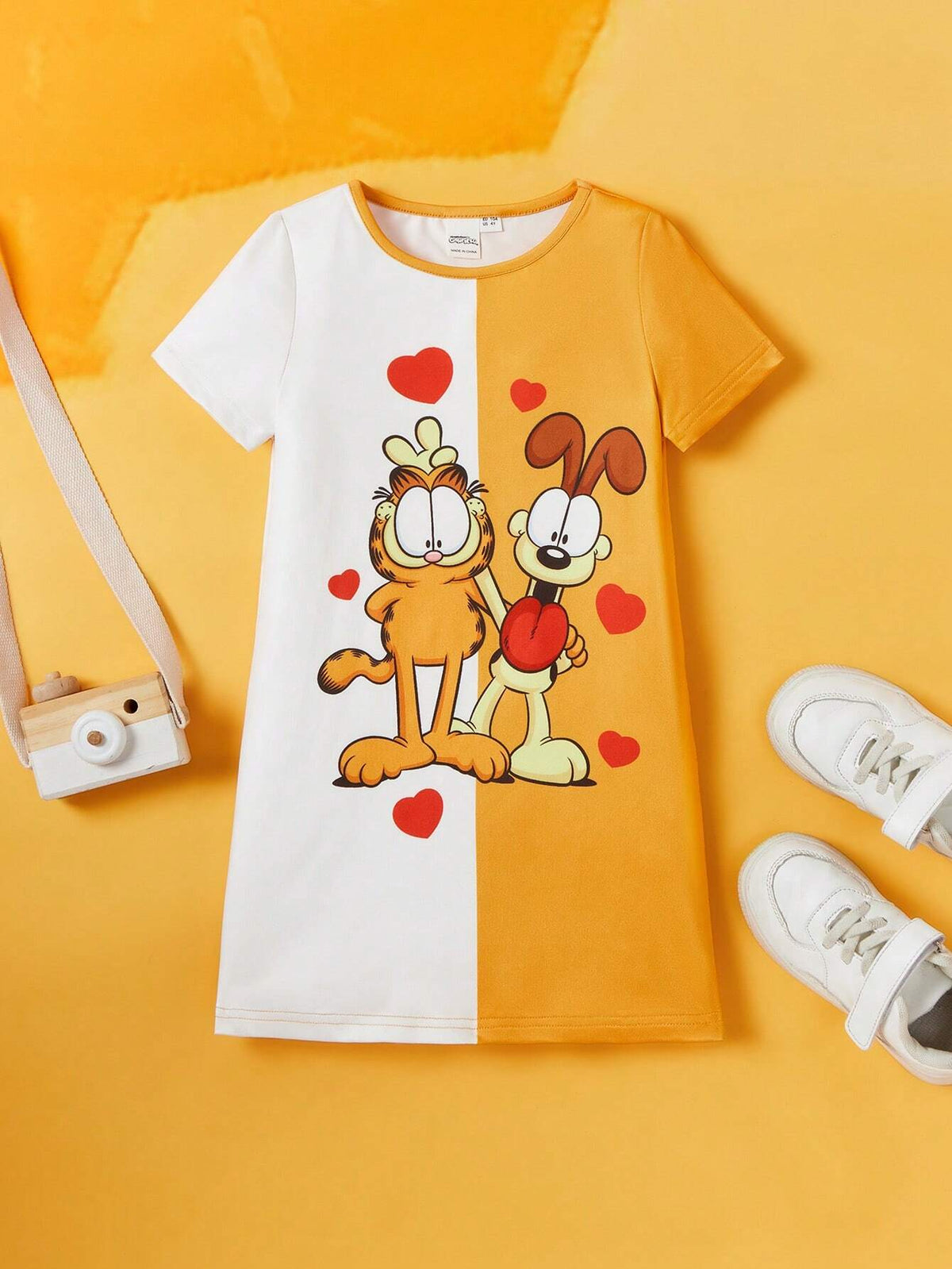 Young Girl Casual Two Tone Tee Dress With Cartoon And Heart Print For Summer