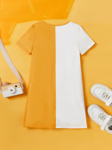 Young Girl Casual Two Tone Tee Dress With Cartoon And Heart Print For Summer