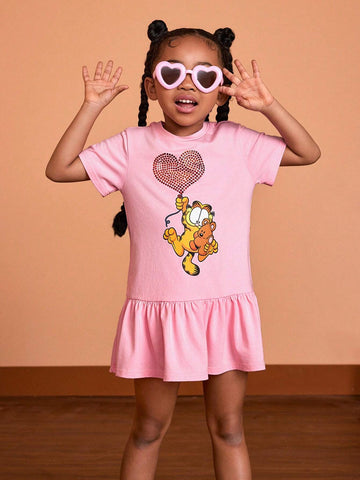Young Girl Rhinestone Heart-Shaped Cartoon Graphic Dress With Ruffled Hem For Summer