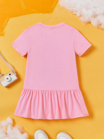 Young Girl Rhinestone Heart-Shaped Cartoon Graphic Dress With Ruffled Hem For Summer