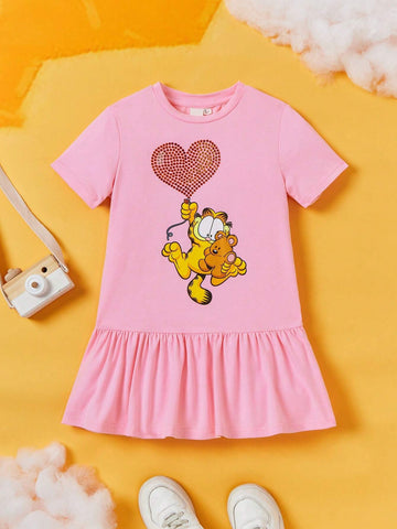 Young Girl Rhinestone Heart-Shaped Cartoon Graphic Dress With Ruffled Hem For Summer