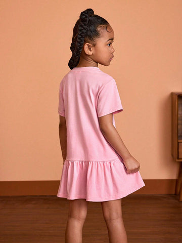 Young Girl Rhinestone Heart-Shaped Cartoon Graphic Dress With Ruffled Hem For Summer
