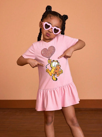 Young Girl Rhinestone Heart-Shaped Cartoon Graphic Dress With Ruffled Hem For Summer