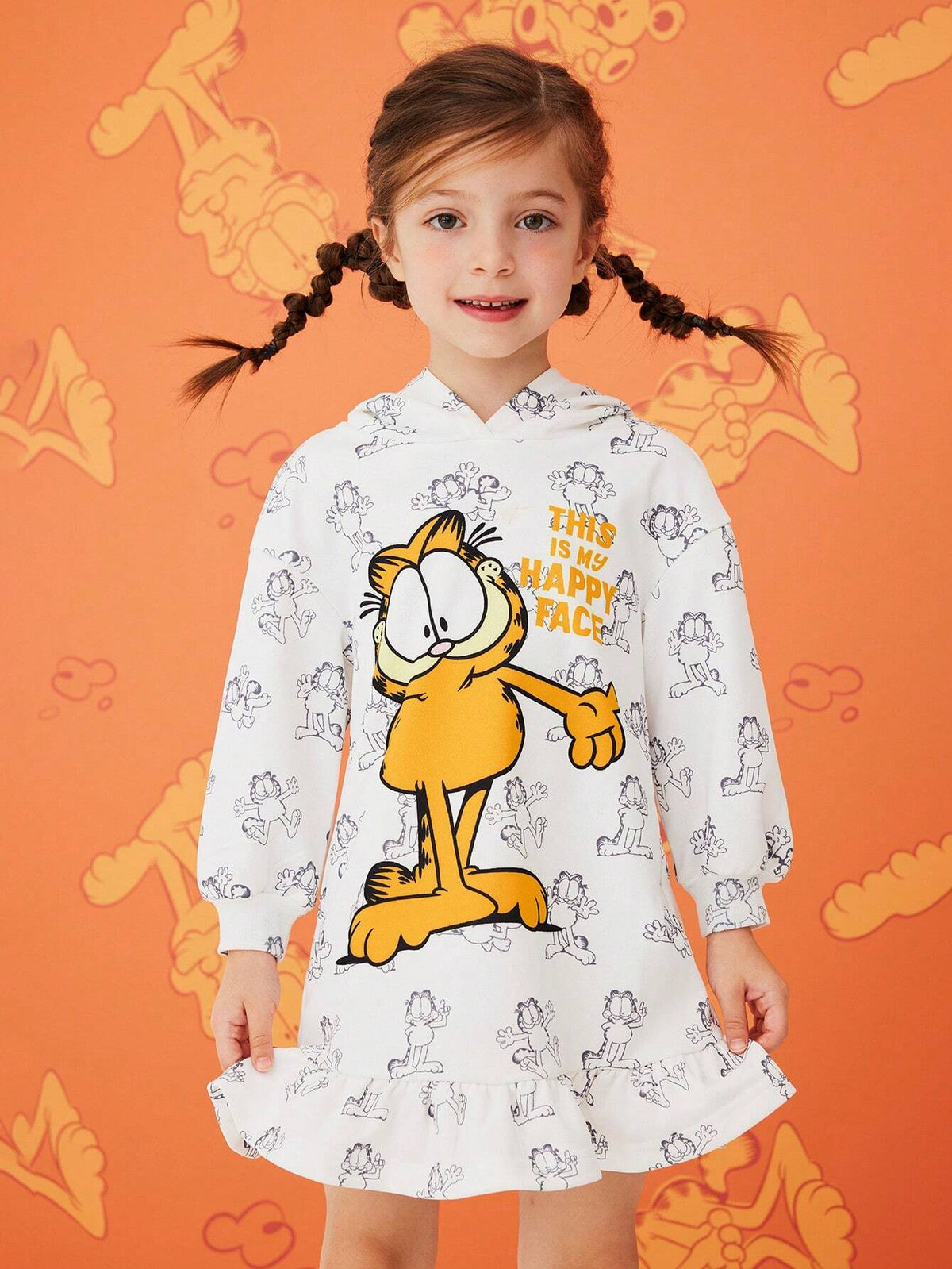 Young Girl White Cartoon Print Hooded Ruffle Hem Sweatshirt Dress , Fashion Minimalist Style