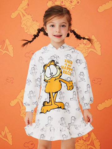 Young Girl White Cartoon Print Hooded Ruffle Hem Sweatshirt Dress , Fashion Minimalist Style