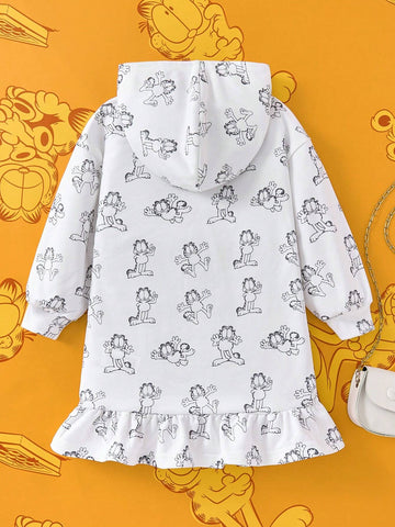 Young Girl White Cartoon Print Hooded Ruffle Hem Sweatshirt Dress , Fashion Minimalist Style