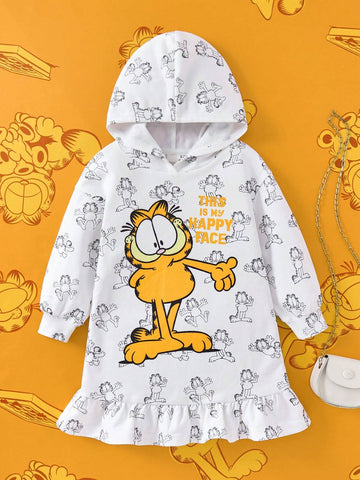 Young Girl White Cartoon Print Hooded Ruffle Hem Sweatshirt Dress , Fashion Minimalist Style