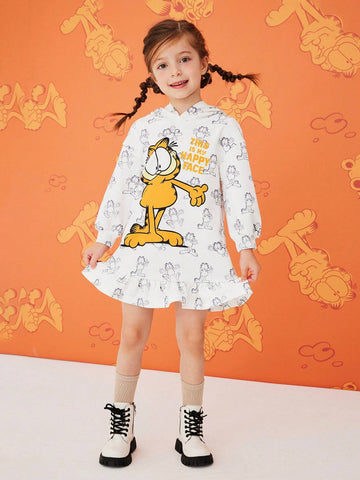 Young Girl White Cartoon Print Hooded Ruffle Hem Sweatshirt Dress , Fashion Minimalist Style