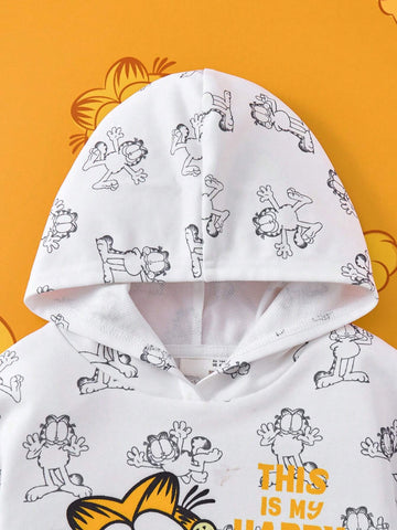 Young Girl White Cartoon Print Hooded Ruffle Hem Sweatshirt Dress , Fashion Minimalist Style