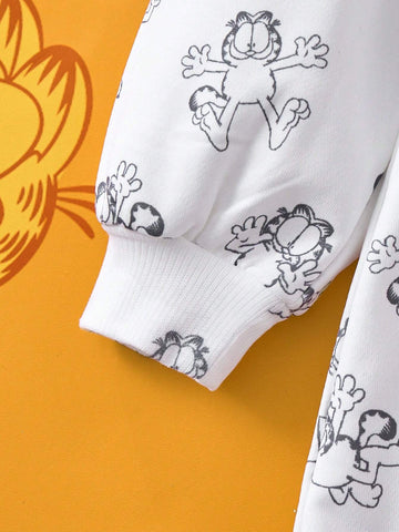Young Girl White Cartoon Print Hooded Ruffle Hem Sweatshirt Dress , Fashion Minimalist Style