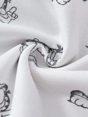 Young Girl White Cartoon Print Hooded Ruffle Hem Sweatshirt Dress , Fashion Minimalist Style