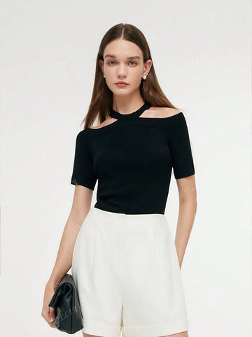 Off-Shoulder Women Knit Top,Halter Neck Knit Top,Elegant Black Off-Shoulder Top