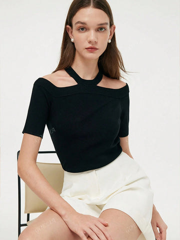 Off-Shoulder Women Knit Top,Halter Neck Knit Top,Elegant Black Off-Shoulder Top