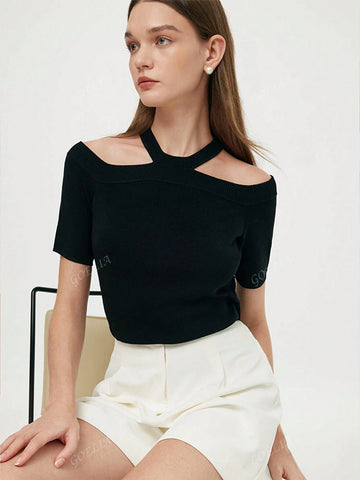 Off-Shoulder Women Knit Top,Halter Neck Knit Top,Elegant Black Off-Shoulder Top