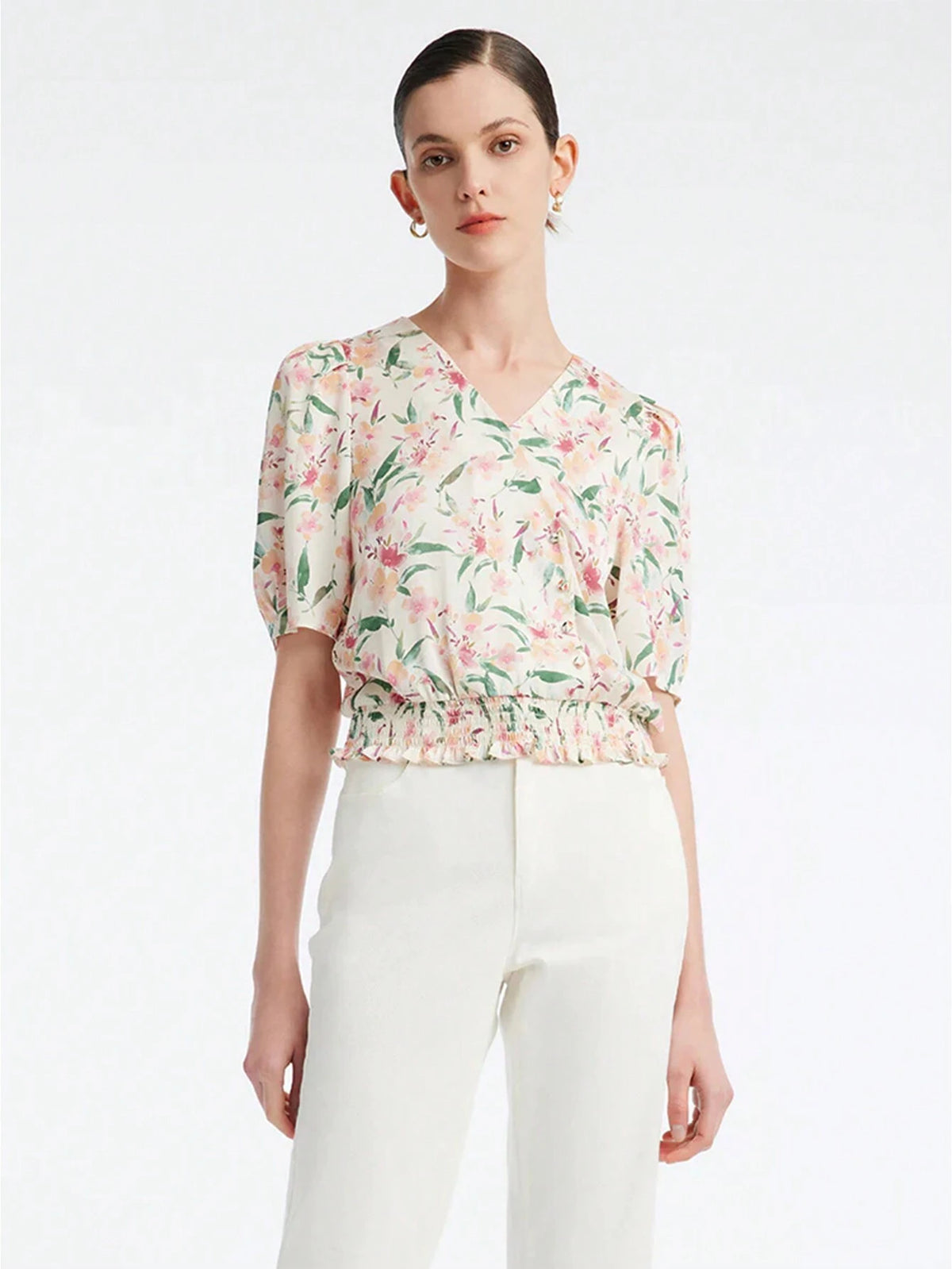 GOELIA Summer Vacation Floral Print V-Neck Silk Loose Women Blouse