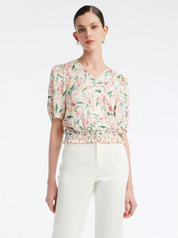 GOELIA Summer Vacation Floral Print V-Neck Silk Loose Women Blouse