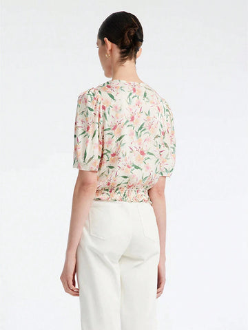GOELIA Summer Vacation Floral Print V-Neck Silk Loose Women Blouse