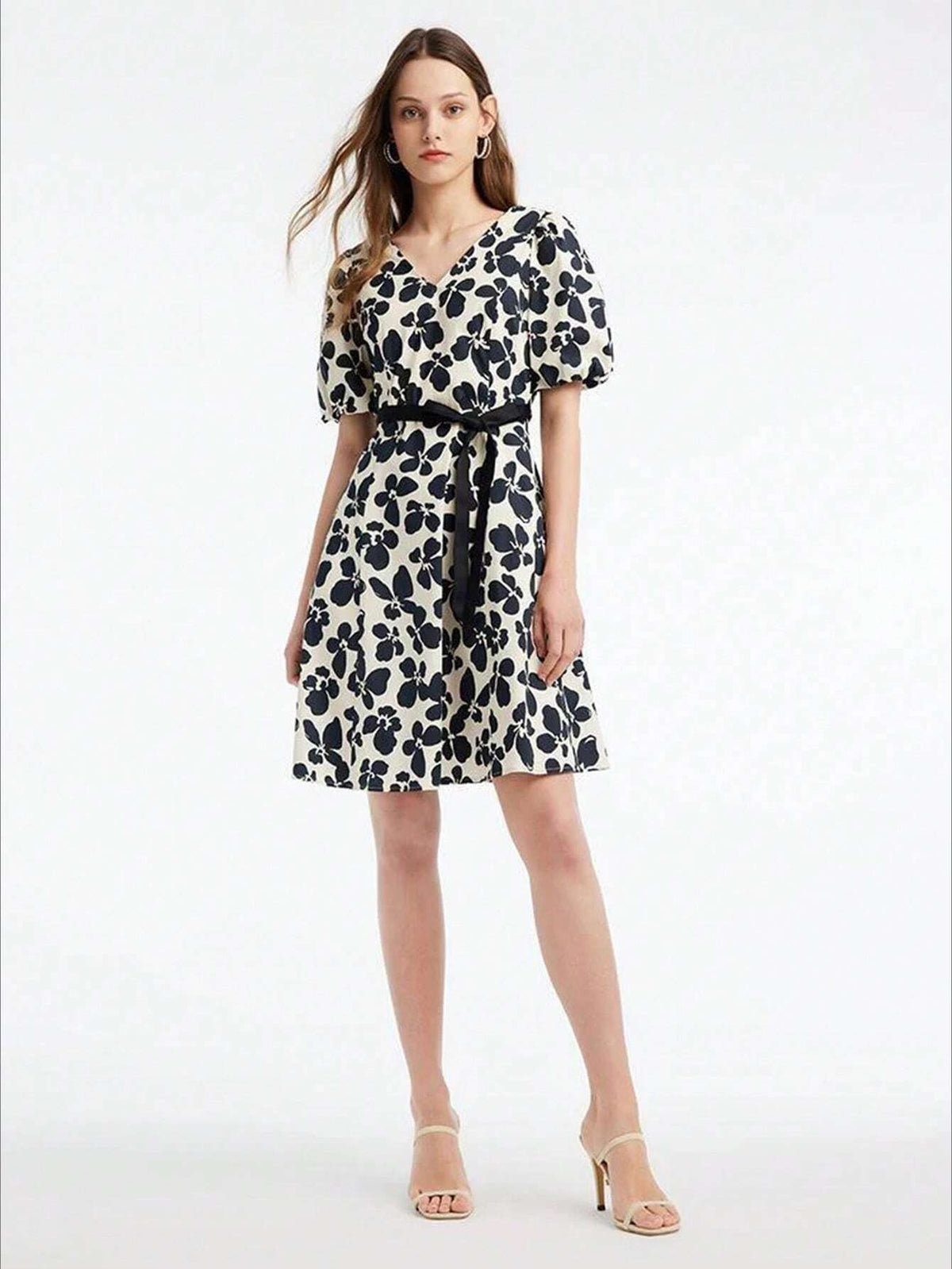 GOELIA V-Neck Floral Lantern Sleeve A-Line Mini Dress With Belt