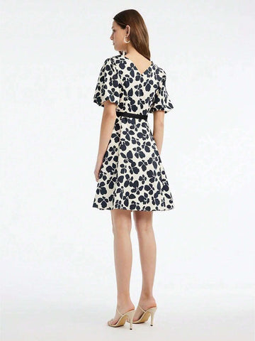 GOELIA V-Neck Floral Lantern Sleeve A-Line Mini Dress With Belt