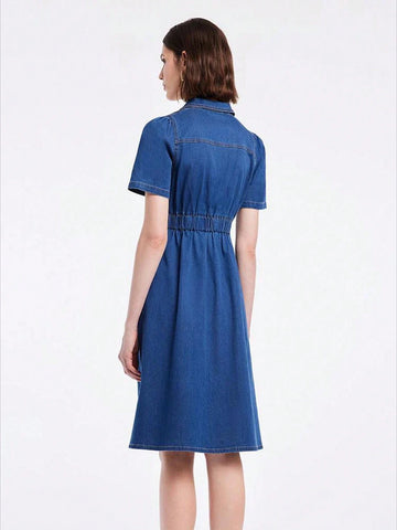 GOELIA V-Neck Gathered Waist Denim Midi Collared Casual Style Dress