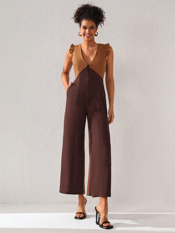 GOUGHS GRACES Two Tone Ruffle Trim Wide Leg Jumpsuit
