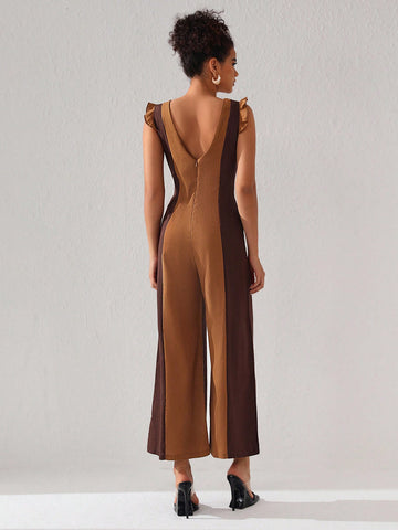 GOUGHS GRACES Two Tone Ruffle Trim Wide Leg Jumpsuit
