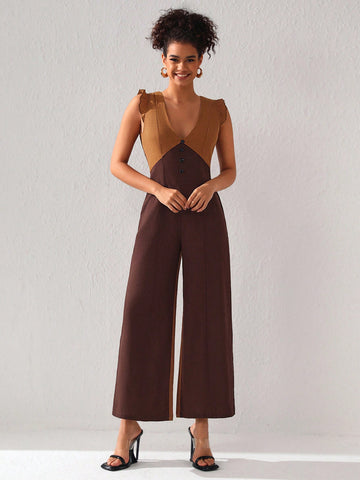 GOUGHS GRACES Two Tone Ruffle Trim Wide Leg Jumpsuit