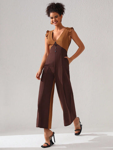 GOUGHS GRACES Two Tone Ruffle Trim Wide Leg Jumpsuit
