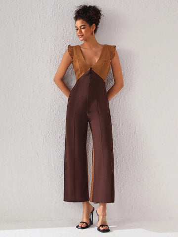 GOUGHS GRACES Two Tone Ruffle Trim Wide Leg Jumpsuit