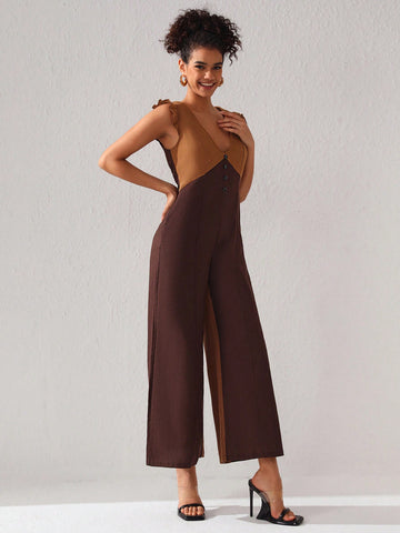 GOUGHS GRACES Two Tone Ruffle Trim Wide Leg Jumpsuit