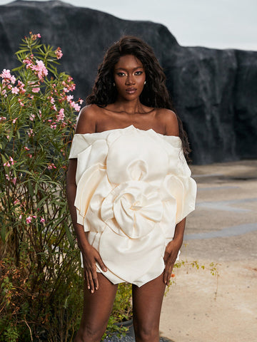 Gannon Off Shoulder Flower Satin Mini Dress
