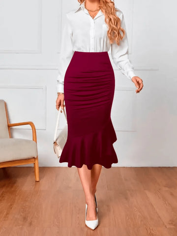 Gem Rose Solid High Waist Pleated Elegant Pencil Skirt
