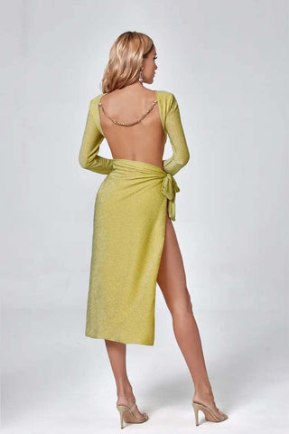 Genevieve Yellow Long Sleeve Backless Dress