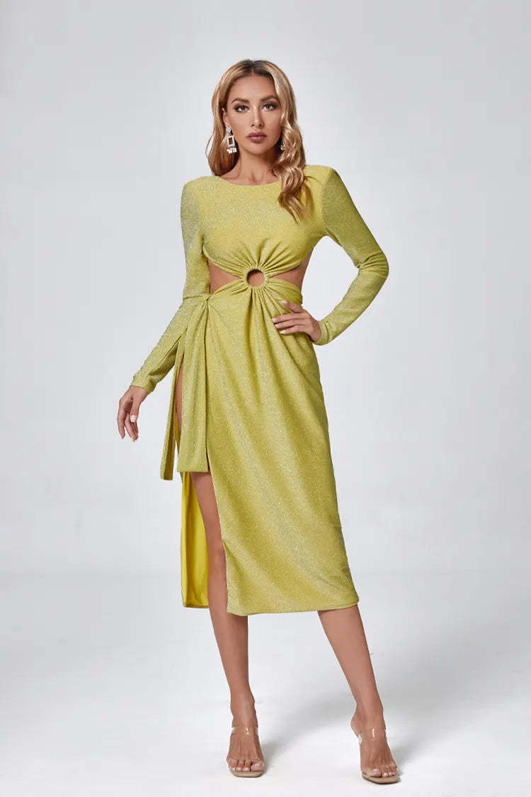 Genevieve Yellow Long Sleeve Backless Dress