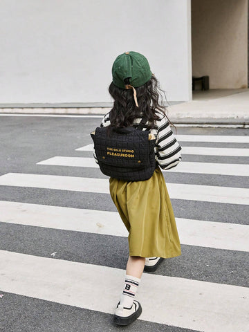 Kids Army Green Striped Knit & Woven Fabric A-Line Loose Korean Fashion Dress